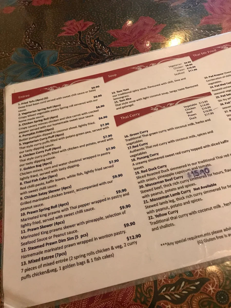 Menu, Thai Chaiyo Restaurant
