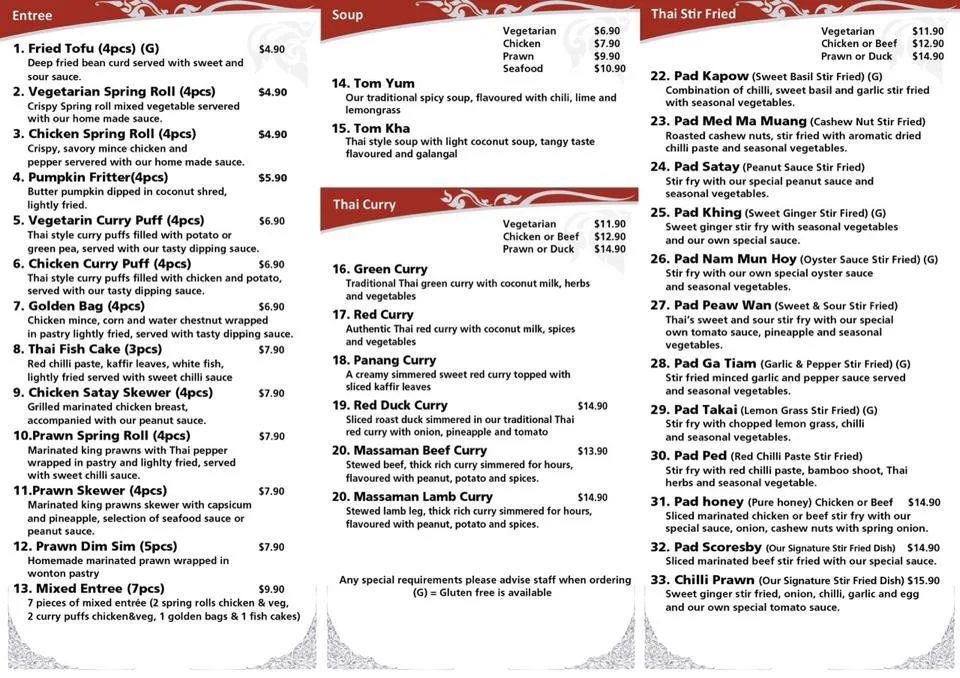 Menu, Thai Chaiyo Restaurant