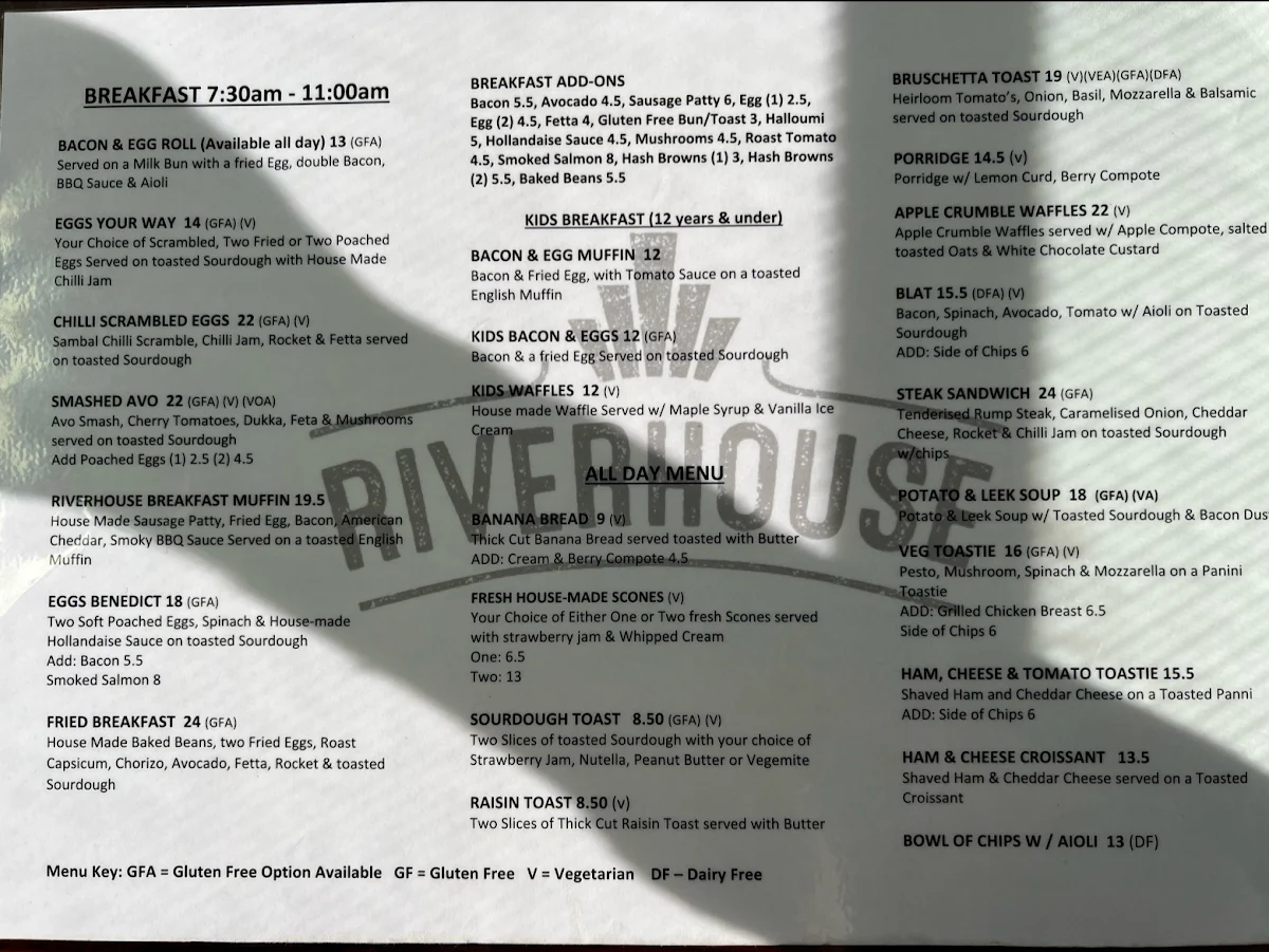 Menu, Riverhouse Cafe