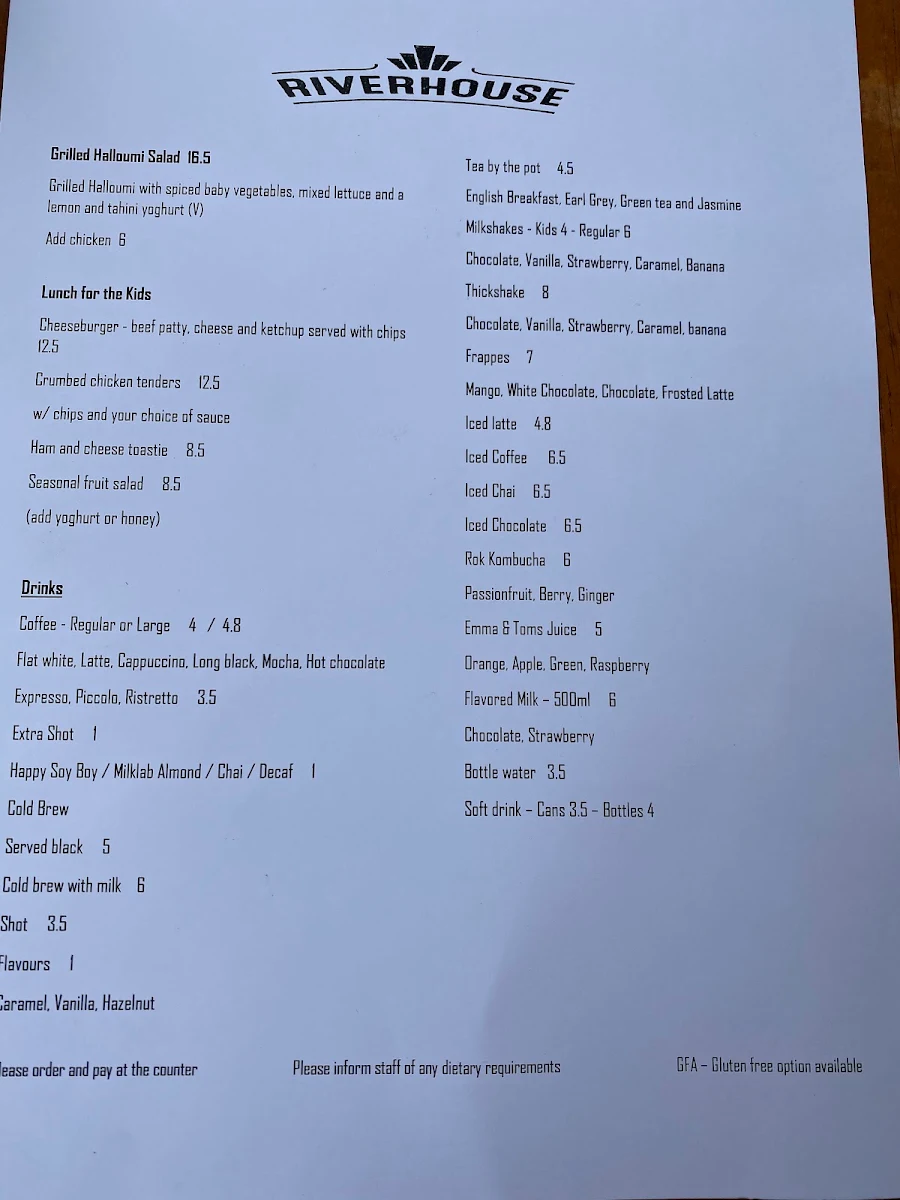 Menu, Riverhouse Cafe