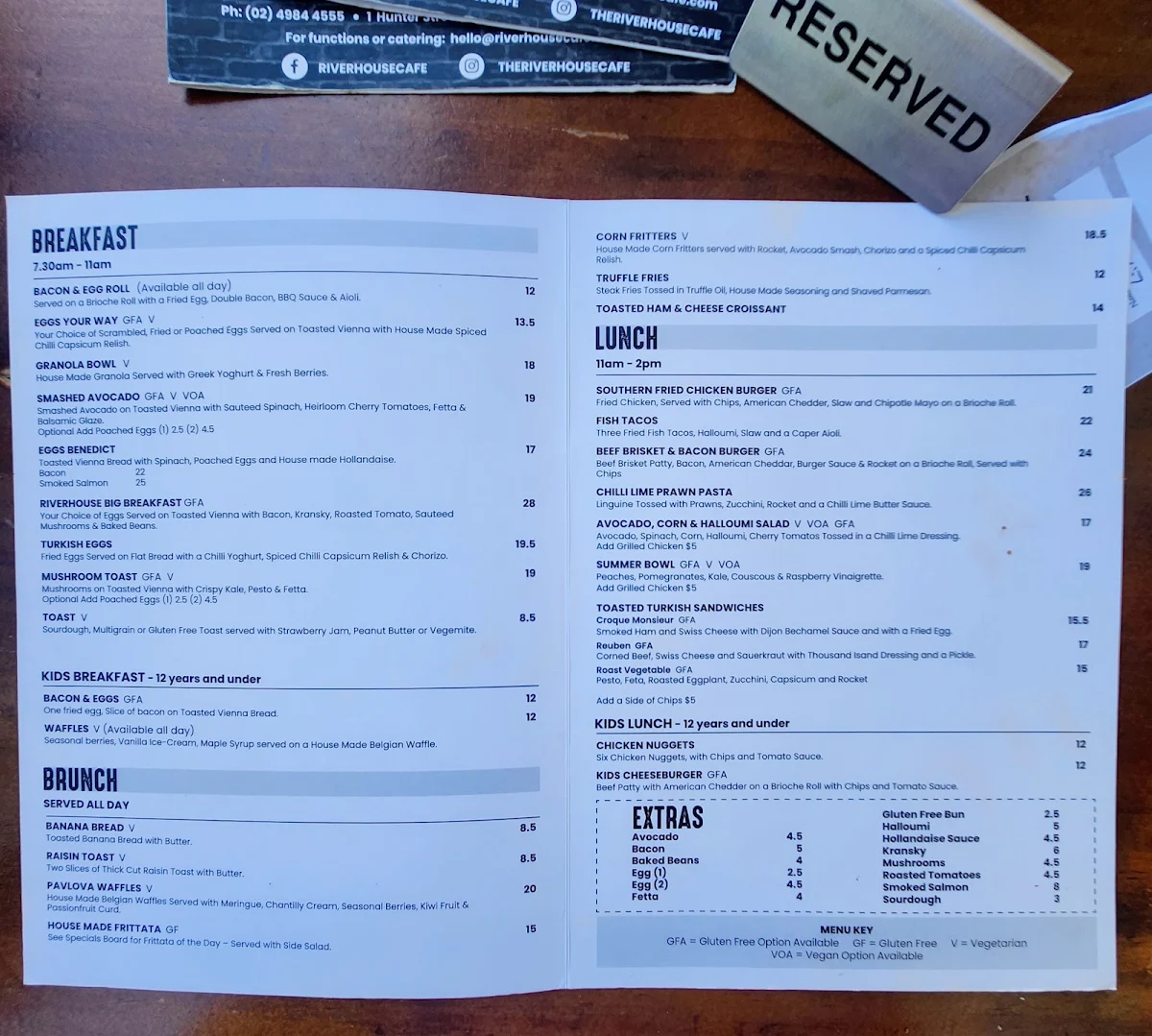 Menu, Riverhouse Cafe
