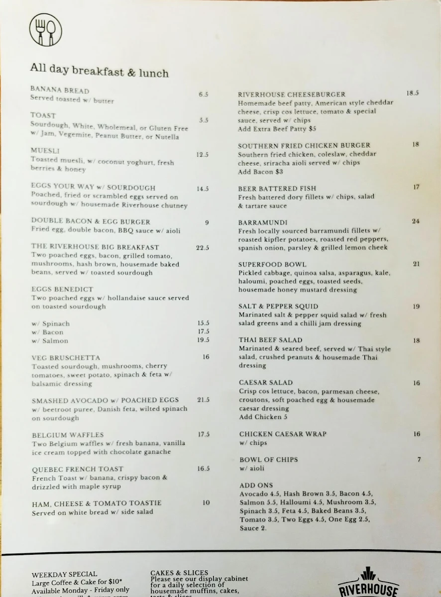 Menu, Riverhouse Cafe