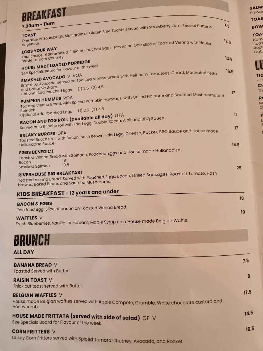 Menu, Riverhouse Cafe