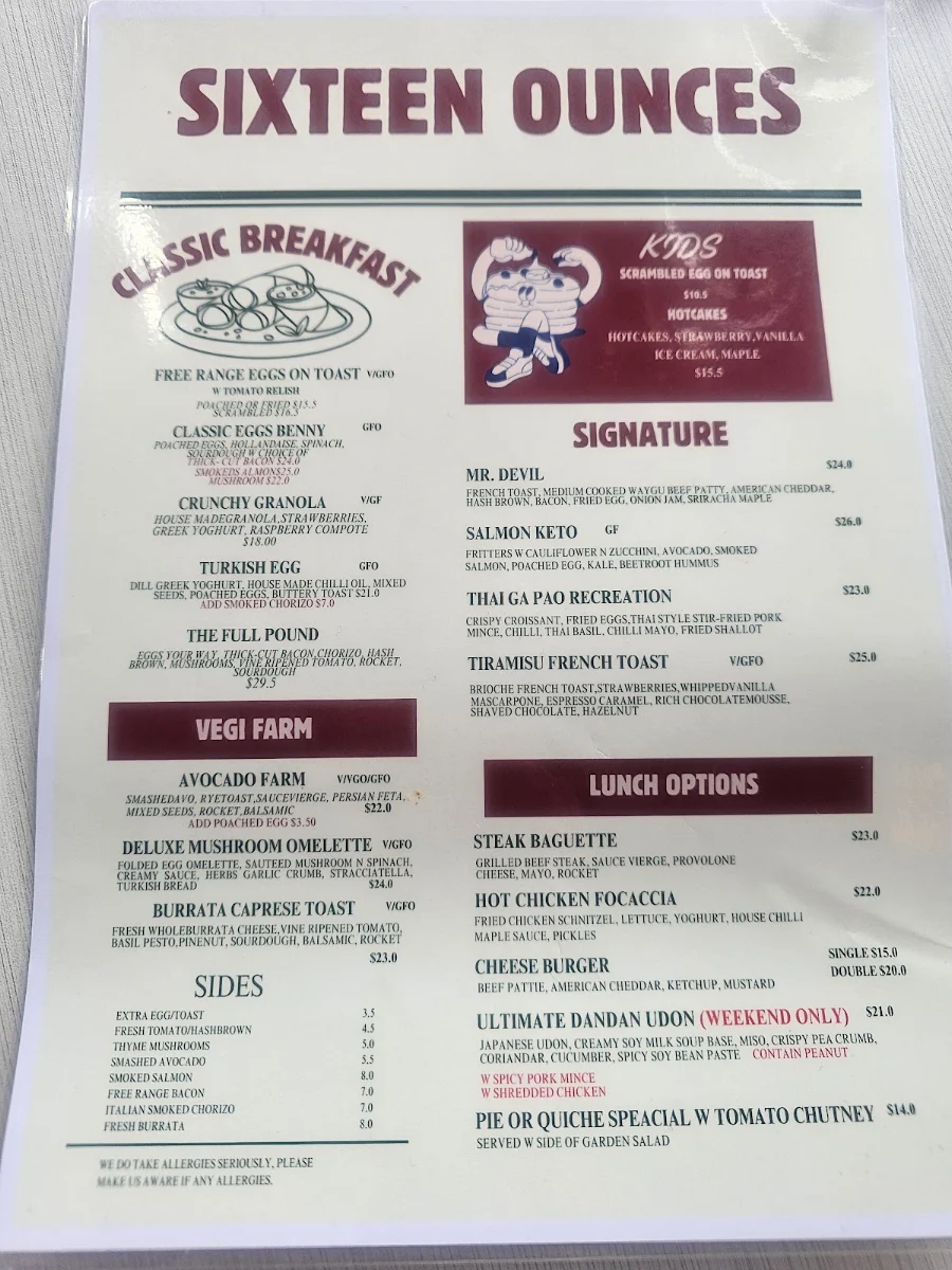 Menu, Sixteen Ounces