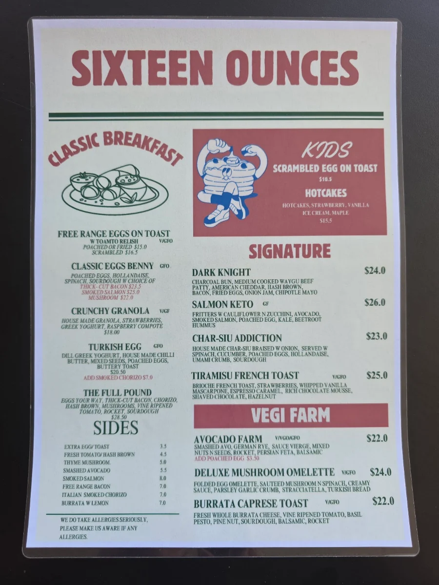 Menu, Sixteen Ounces