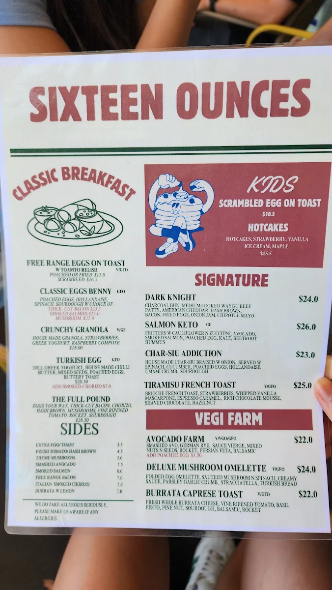 Menu, Sixteen Ounces