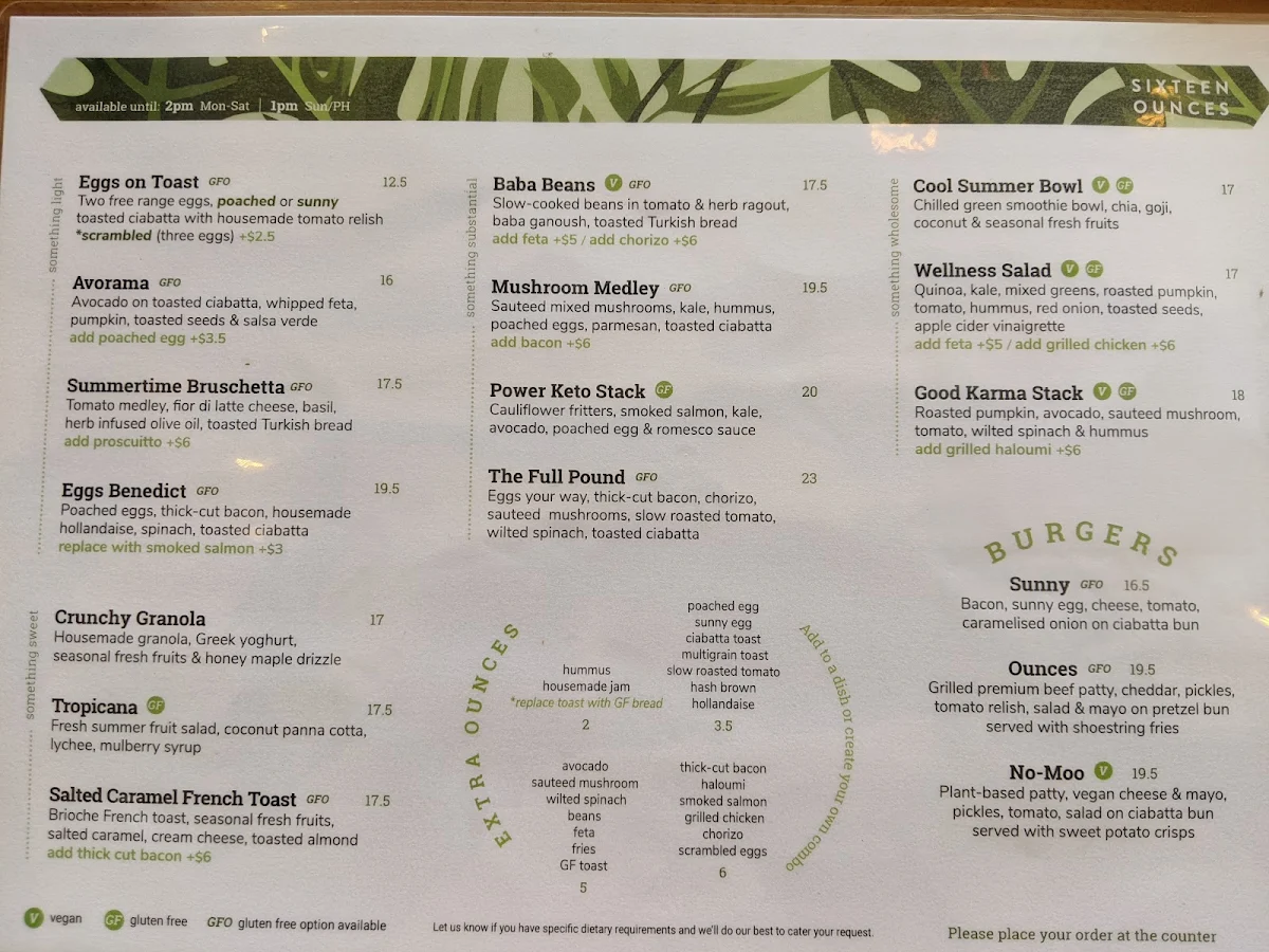 Menu, Sixteen Ounces