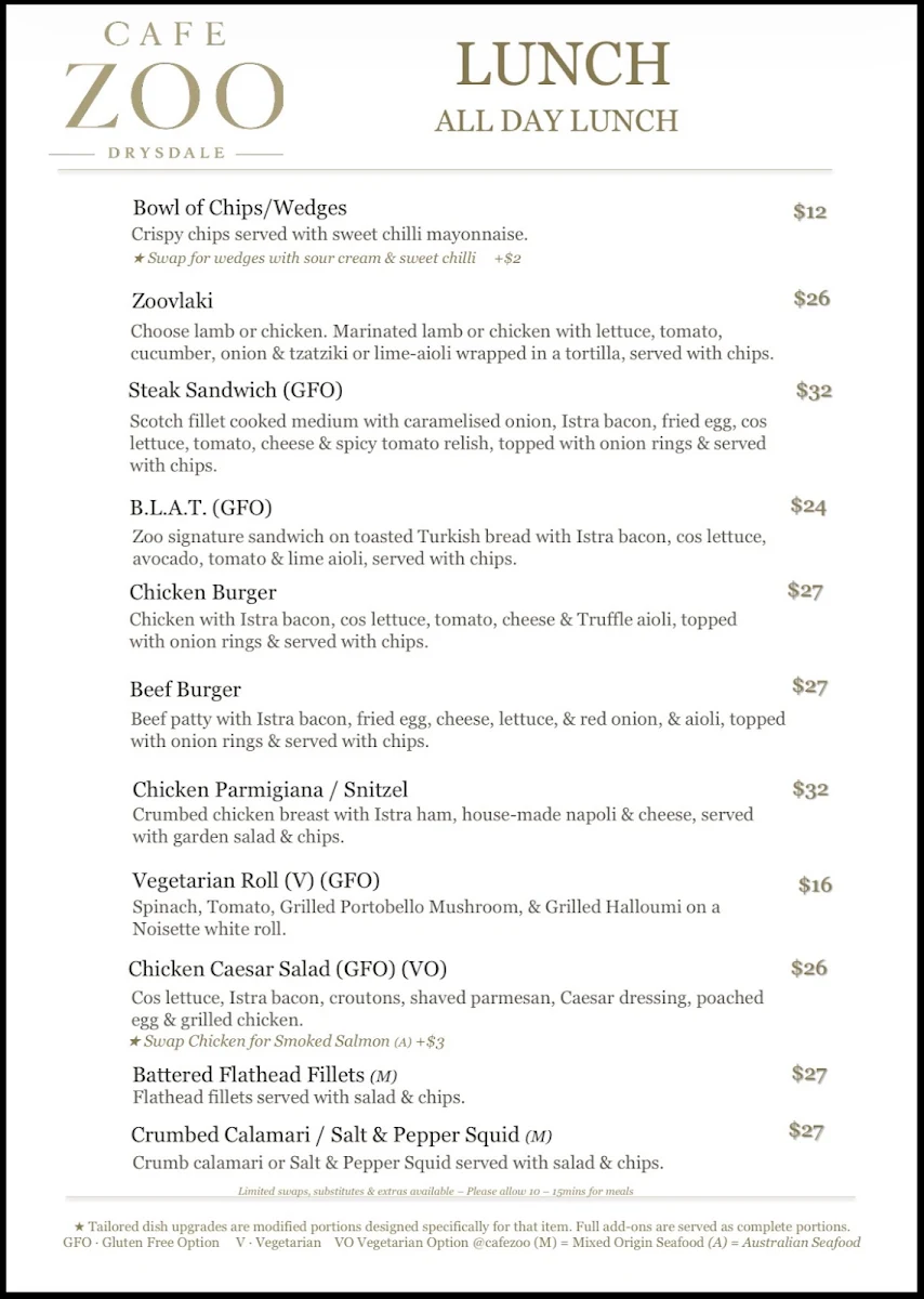 Menu, Cafe Zoo