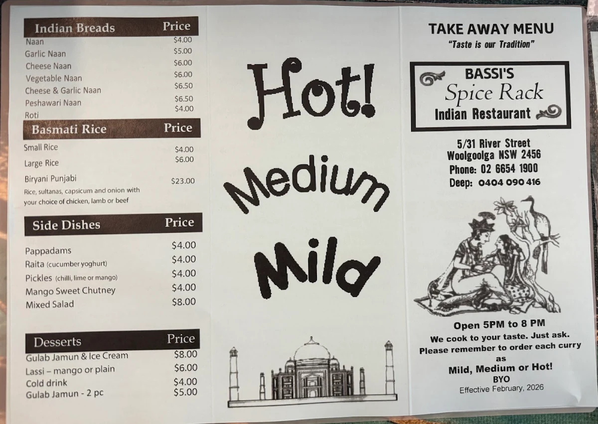 Menu, Spice Rack Indian restaurant