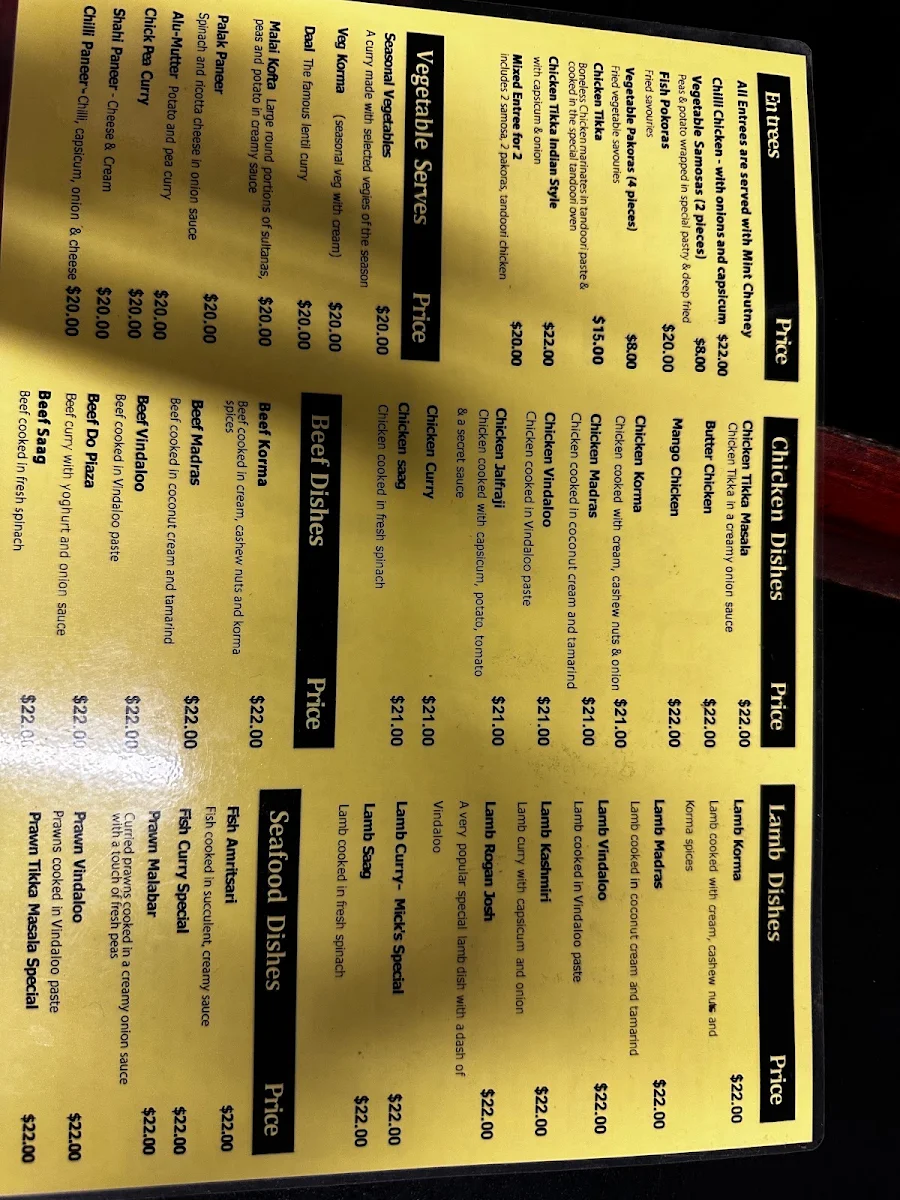 Menu, Spice Rack Indian restaurant