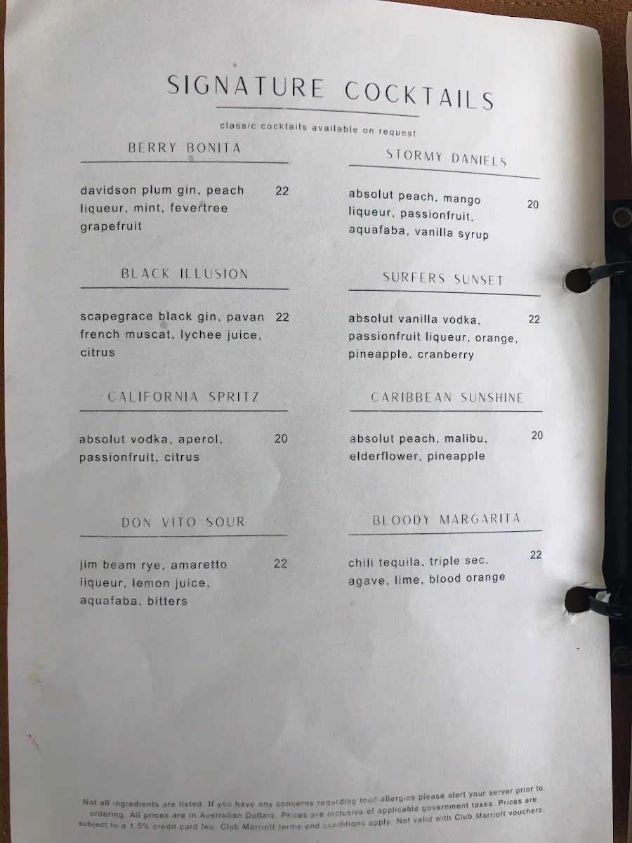 Menu, Pearls Bar