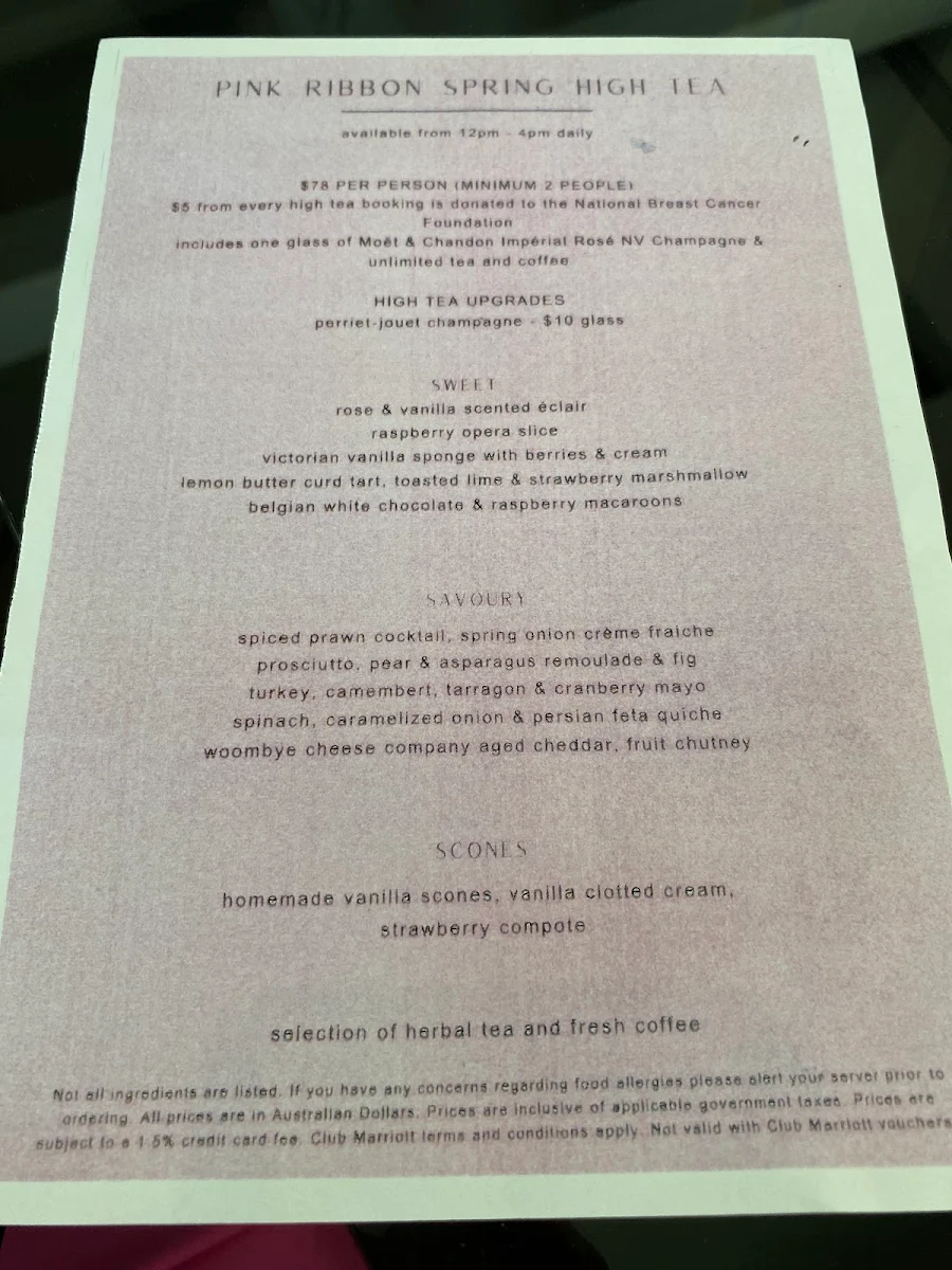 Menu, Pearls Bar