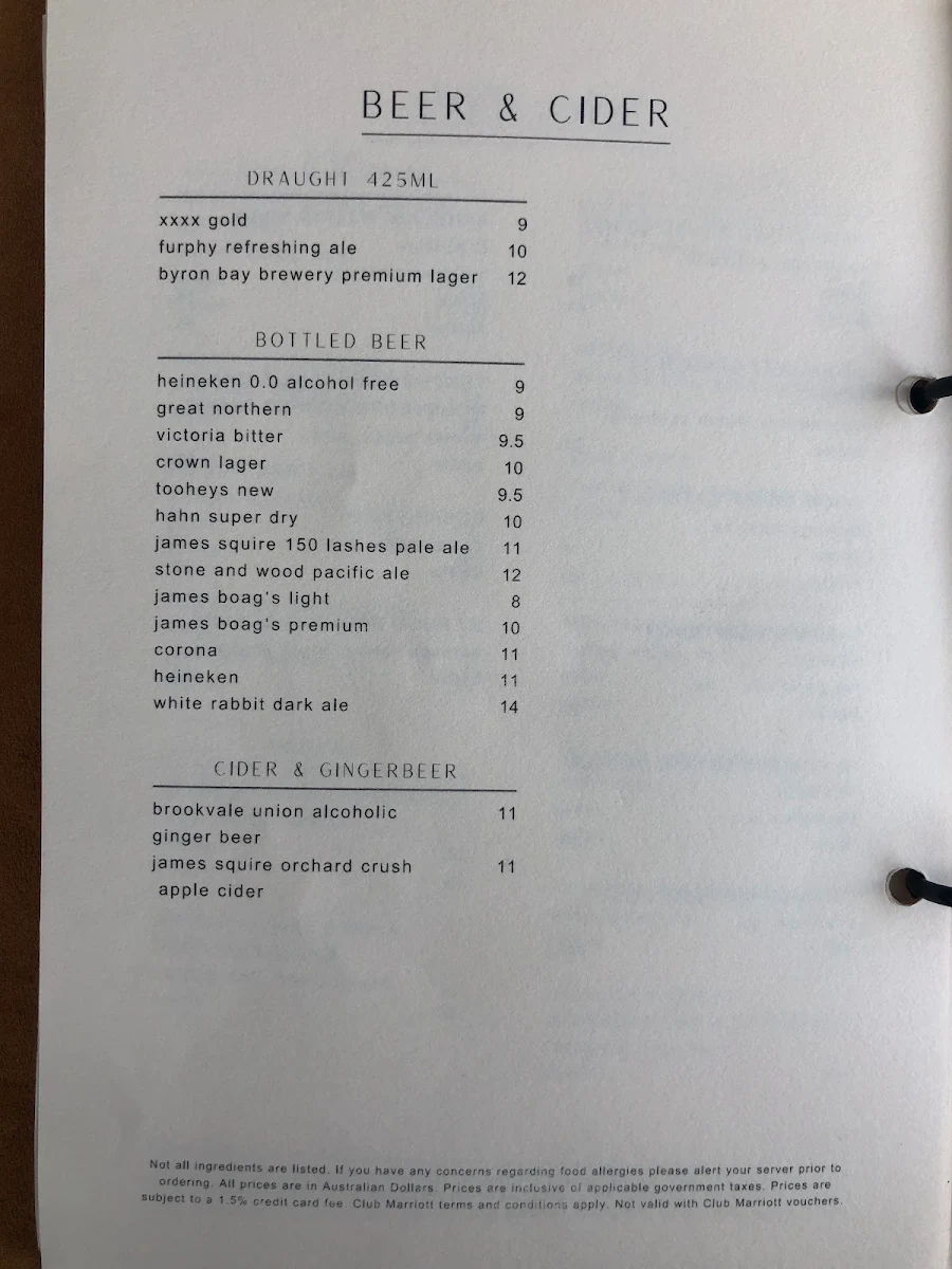 Menu, Pearls Bar
