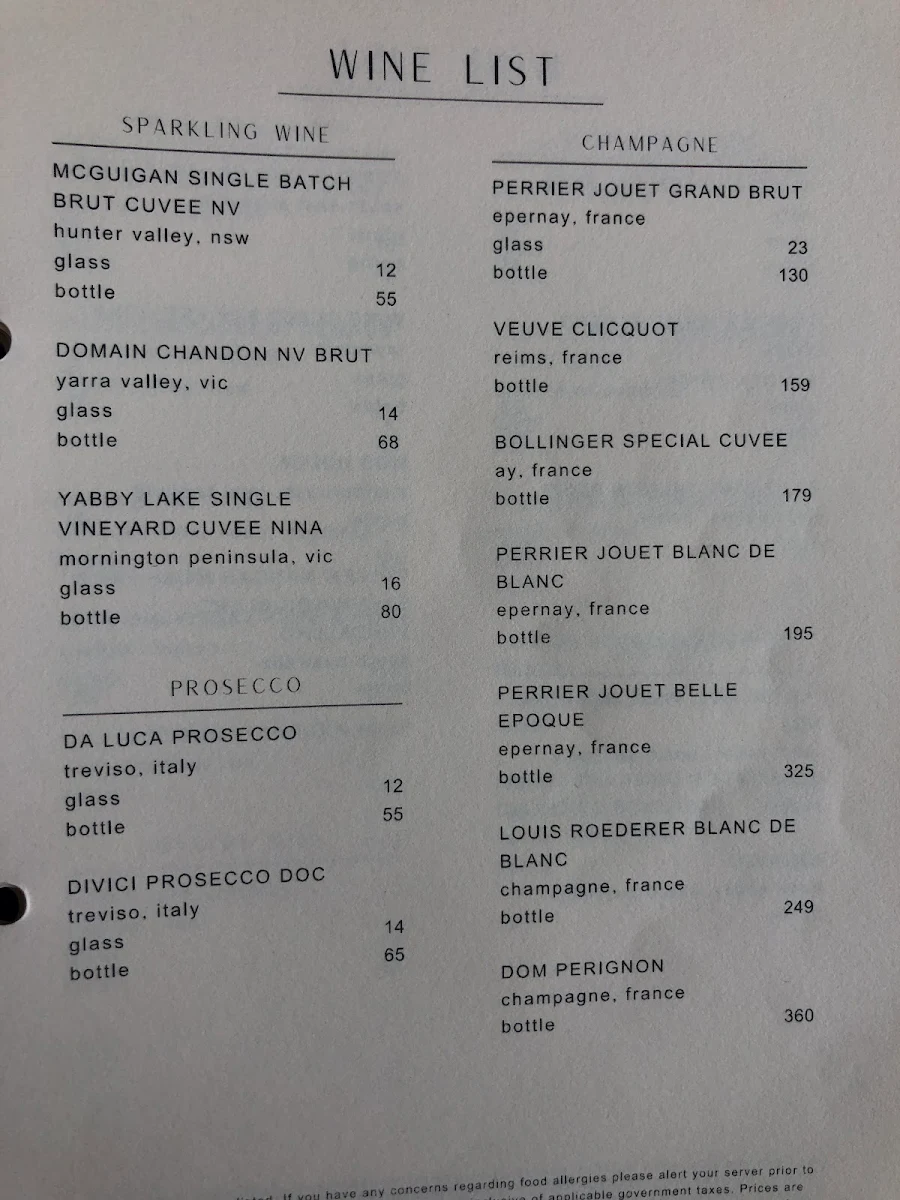 Menu, Pearls Bar