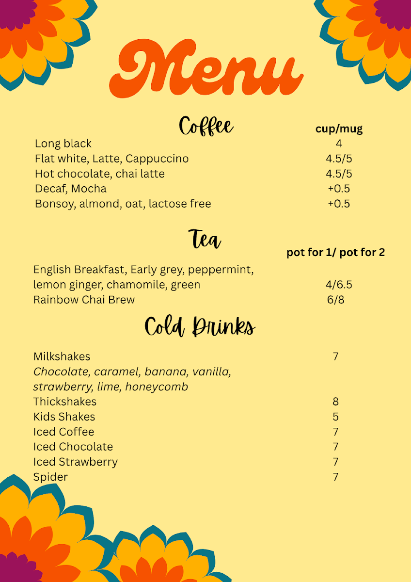 Menu, Tallowood Cafe