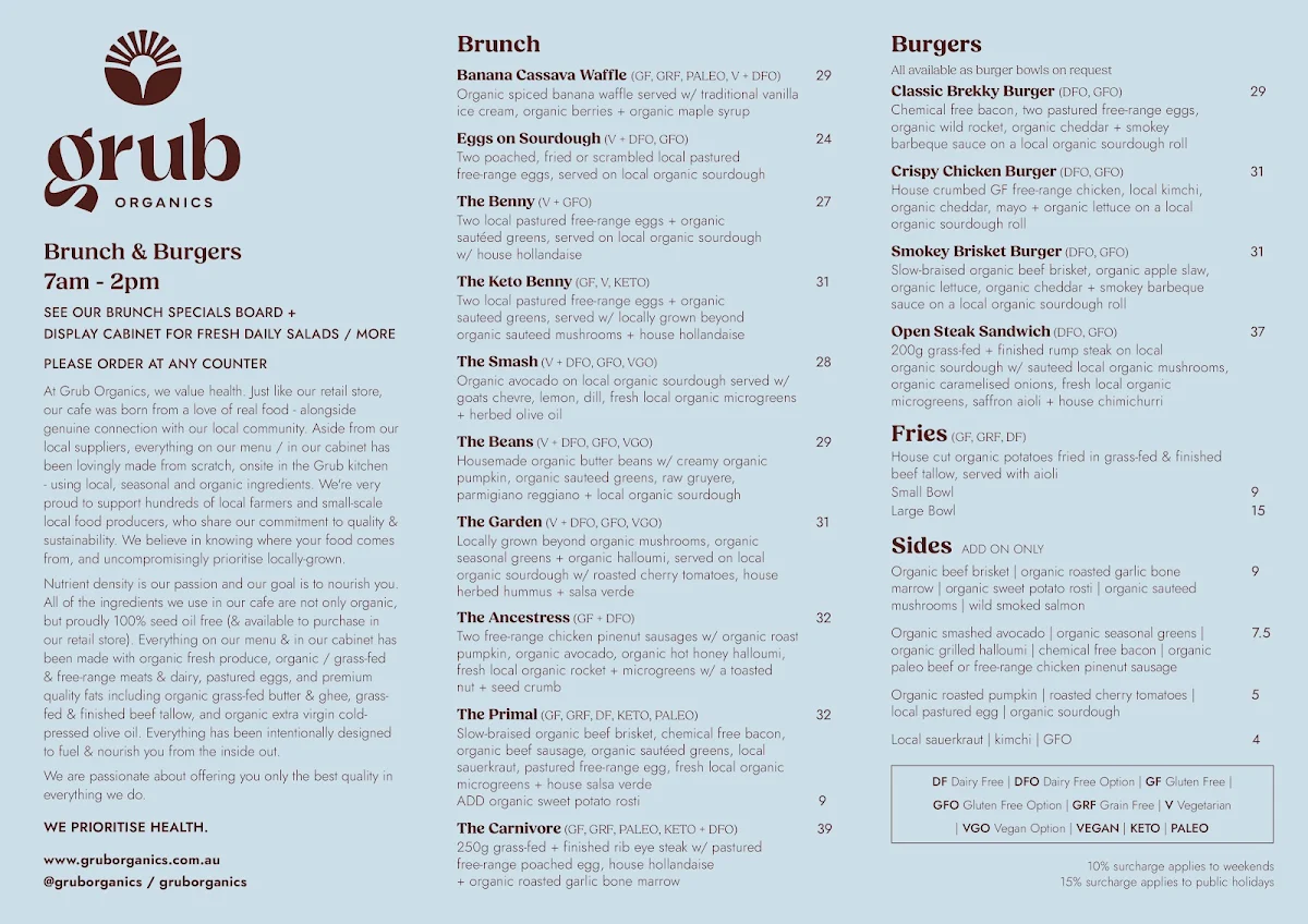 Menu, Grub Organics