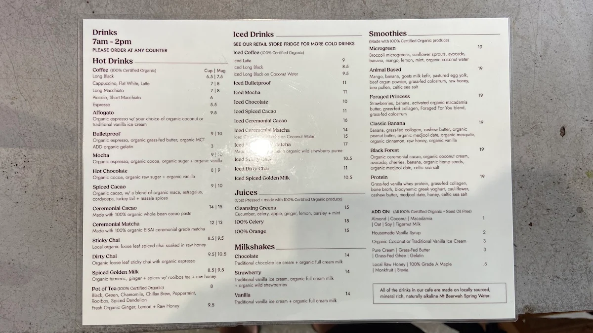 Menu, Grub Organics