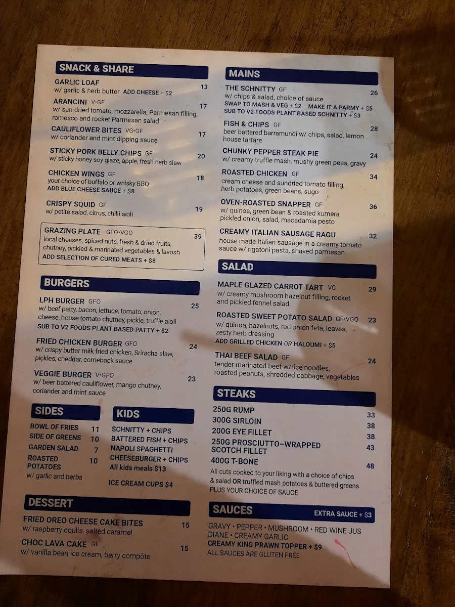 Menu, Lambton Park Hotel