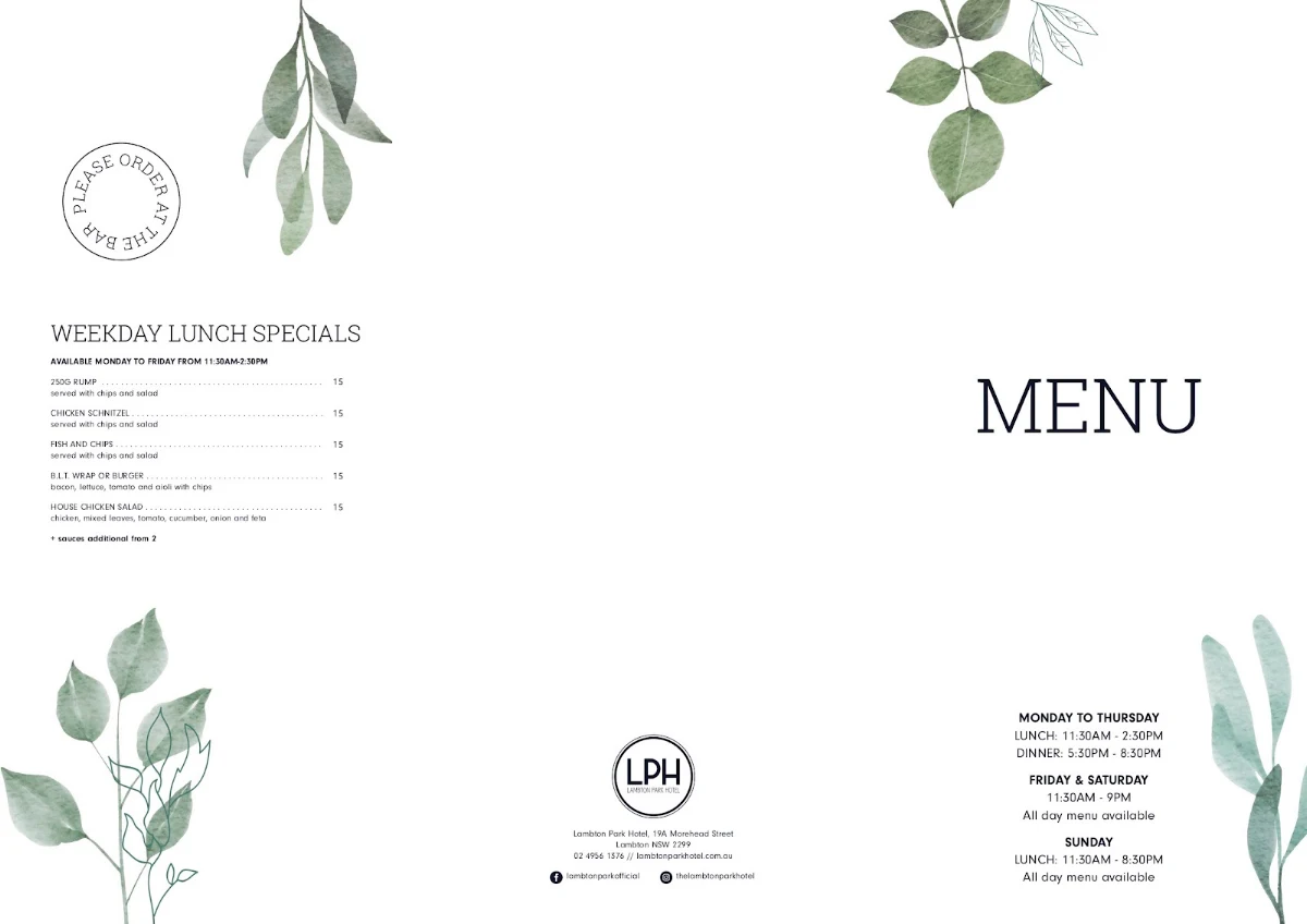 Menu, Lambton Park Hotel