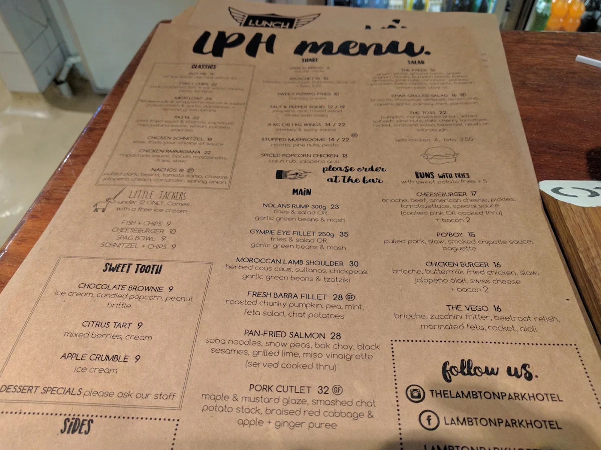 Menu, Lambton Park Hotel