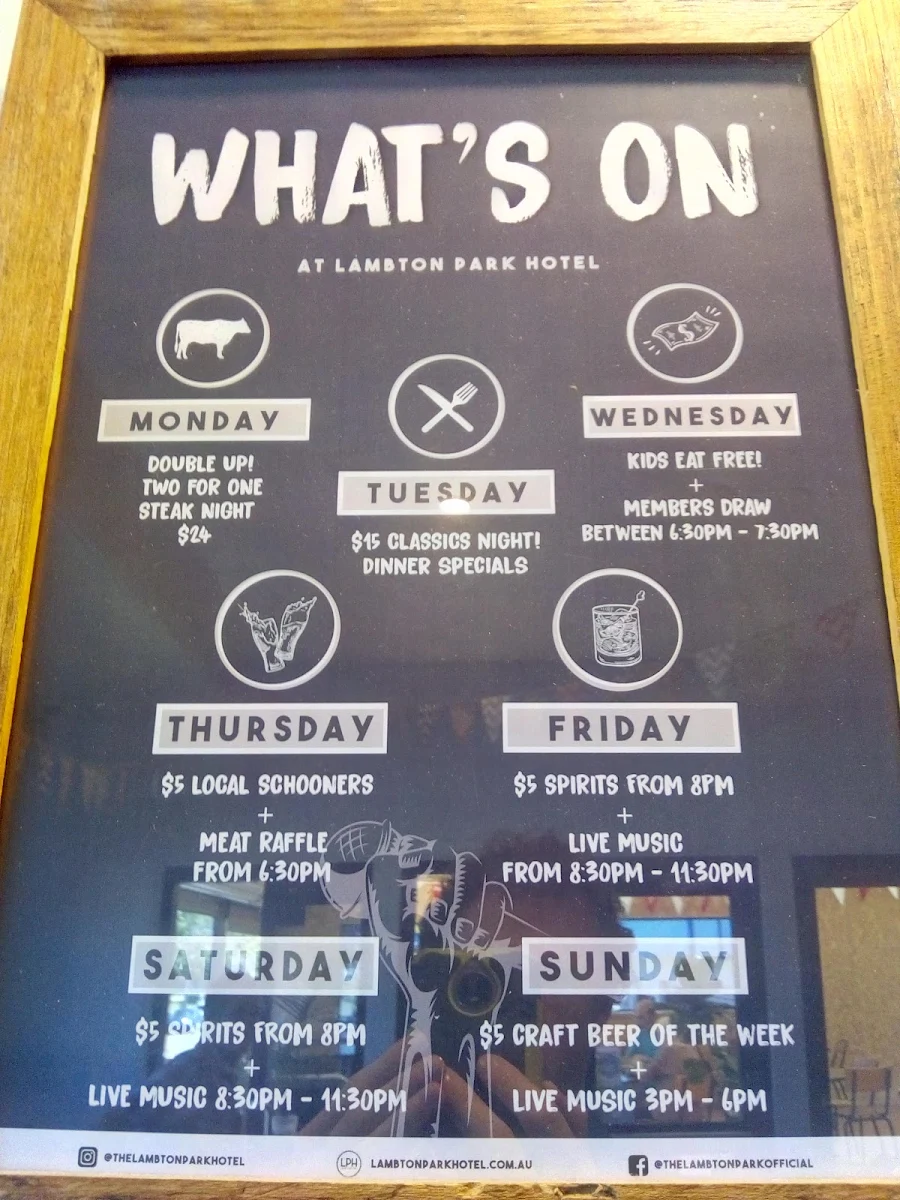 Menu, Lambton Park Hotel