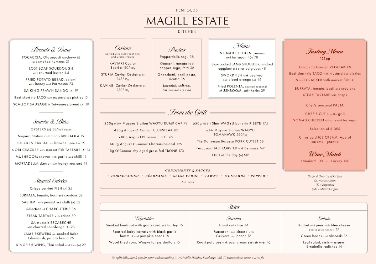Menu, Magill Estate Kitchen