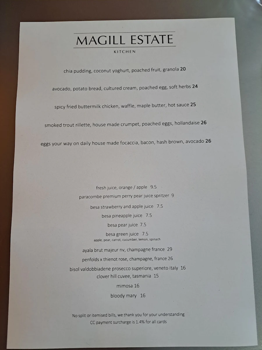 Menu, Magill Estate Kitchen