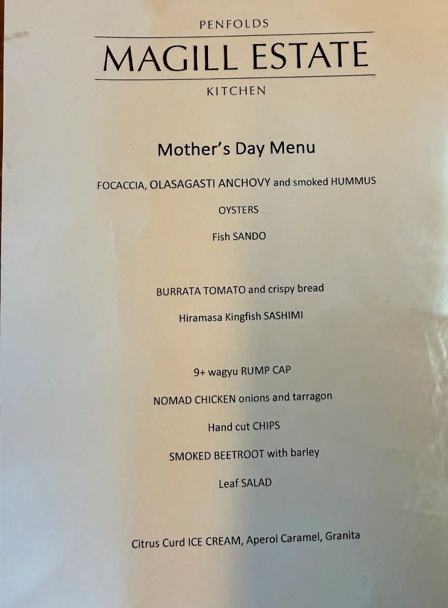 Menu, Magill Estate Kitchen