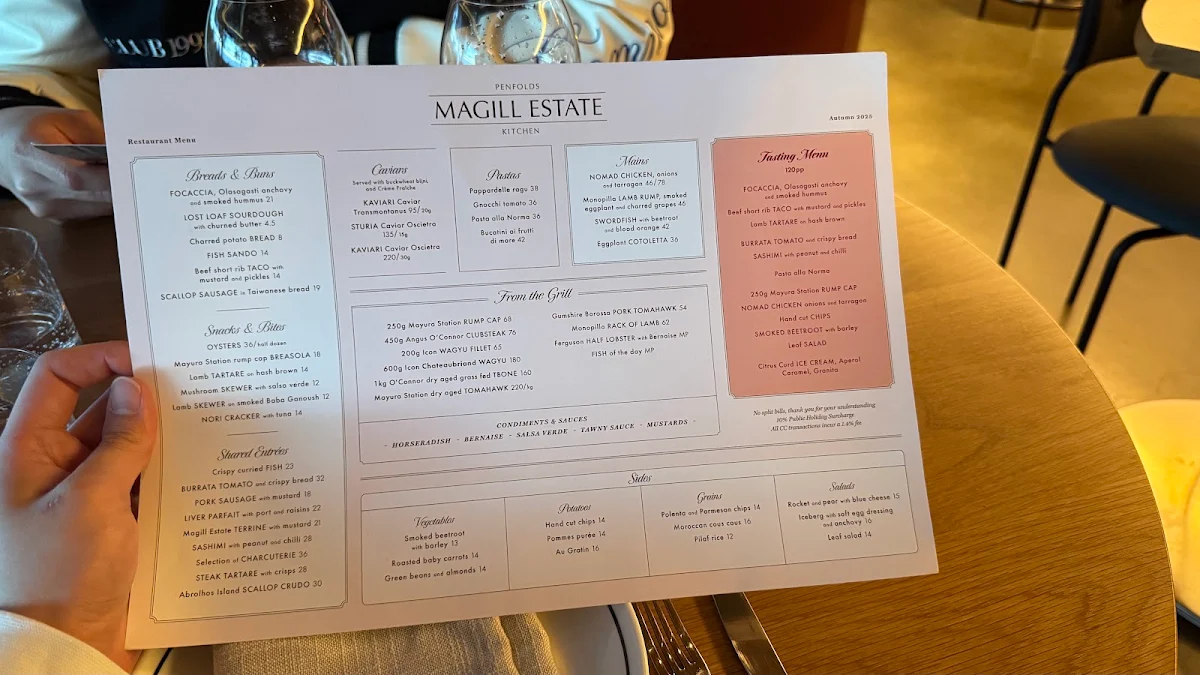 Menu, Magill Estate Kitchen