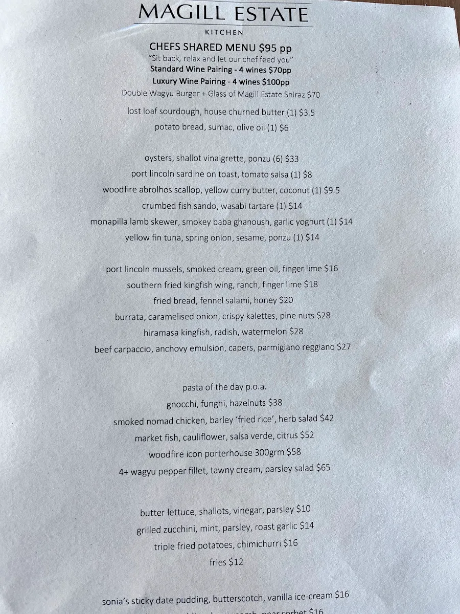 Menu, Magill Estate Kitchen