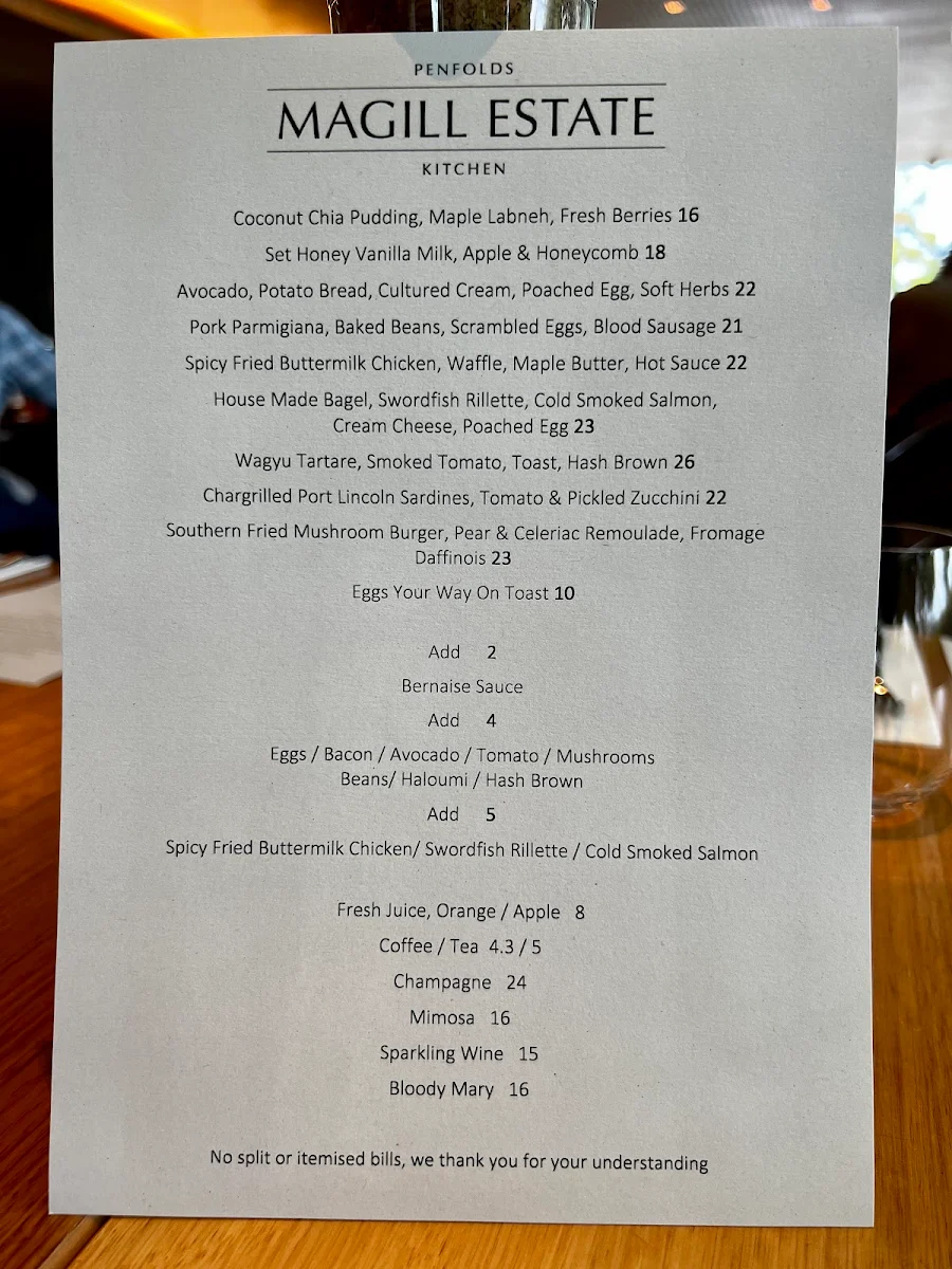 Menu, Magill Estate Kitchen