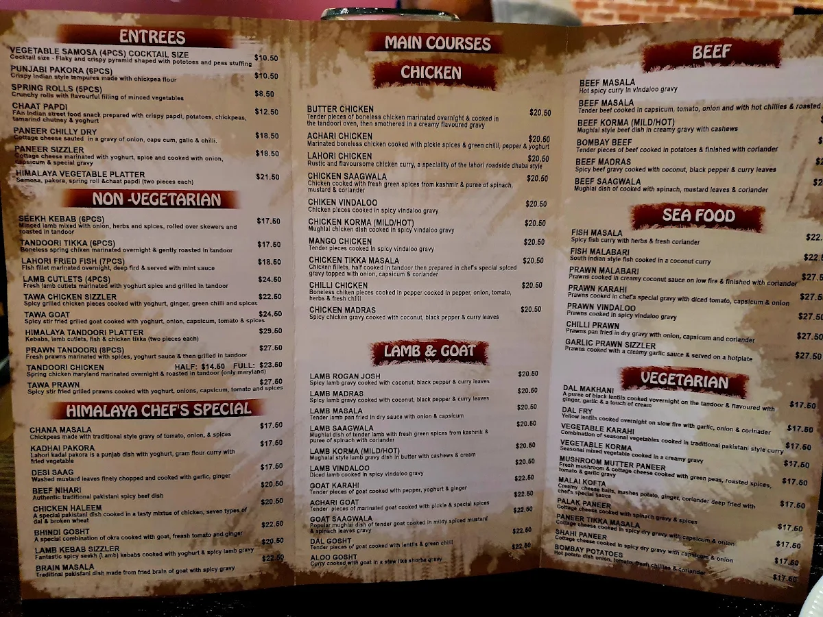 Menu, Himalaya Pakistani & Indian Restaurant Randwick
