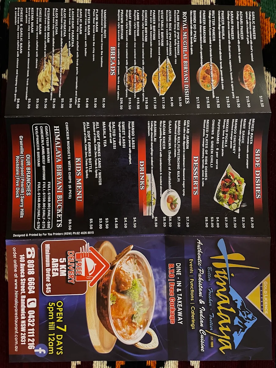 Menu, Himalaya Pakistani & Indian Restaurant Randwick