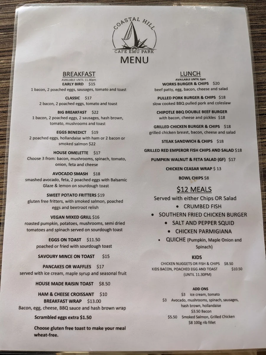 Menu, Coastal Hill Cafe