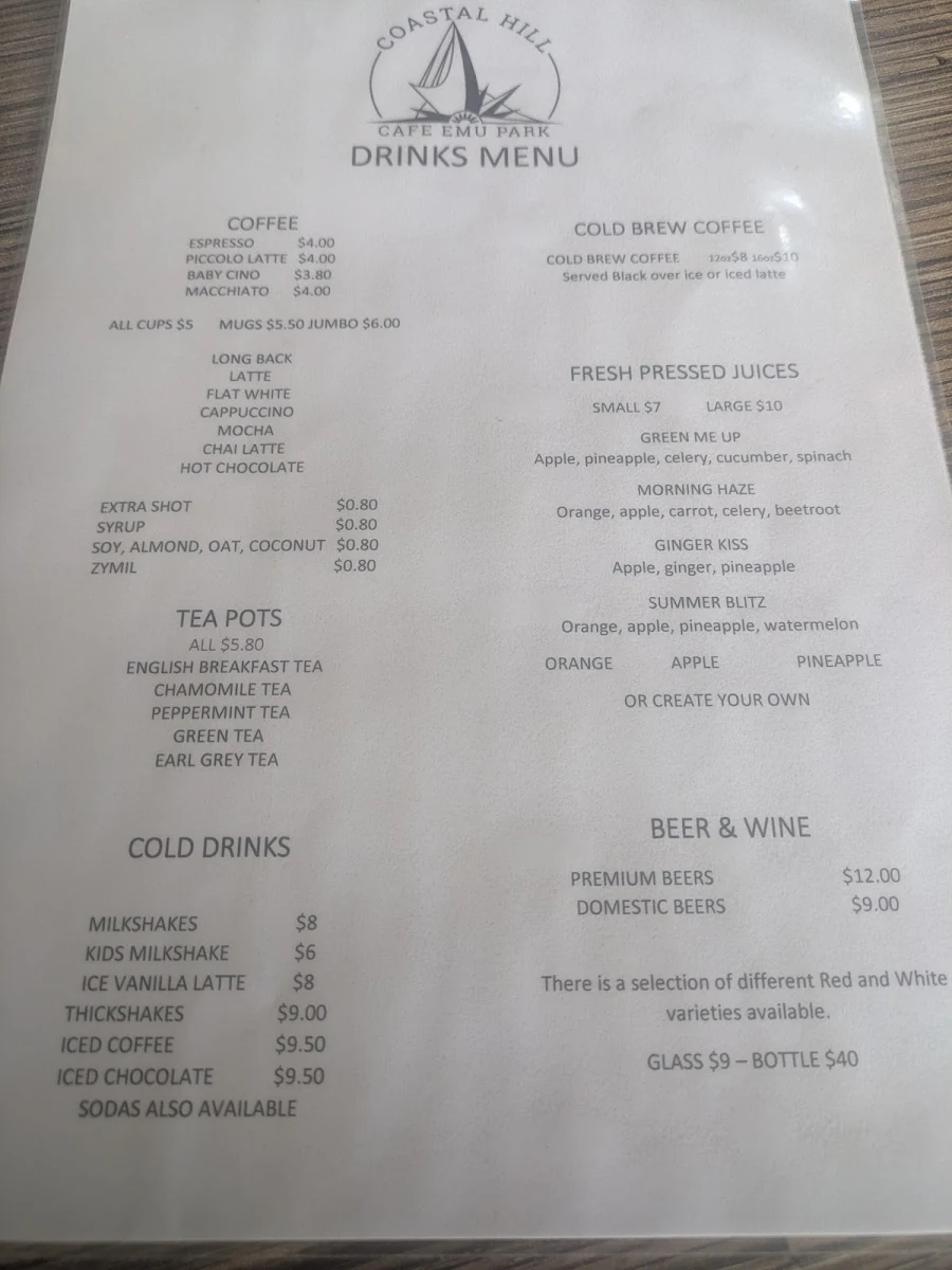Menu, Coastal Hill Cafe