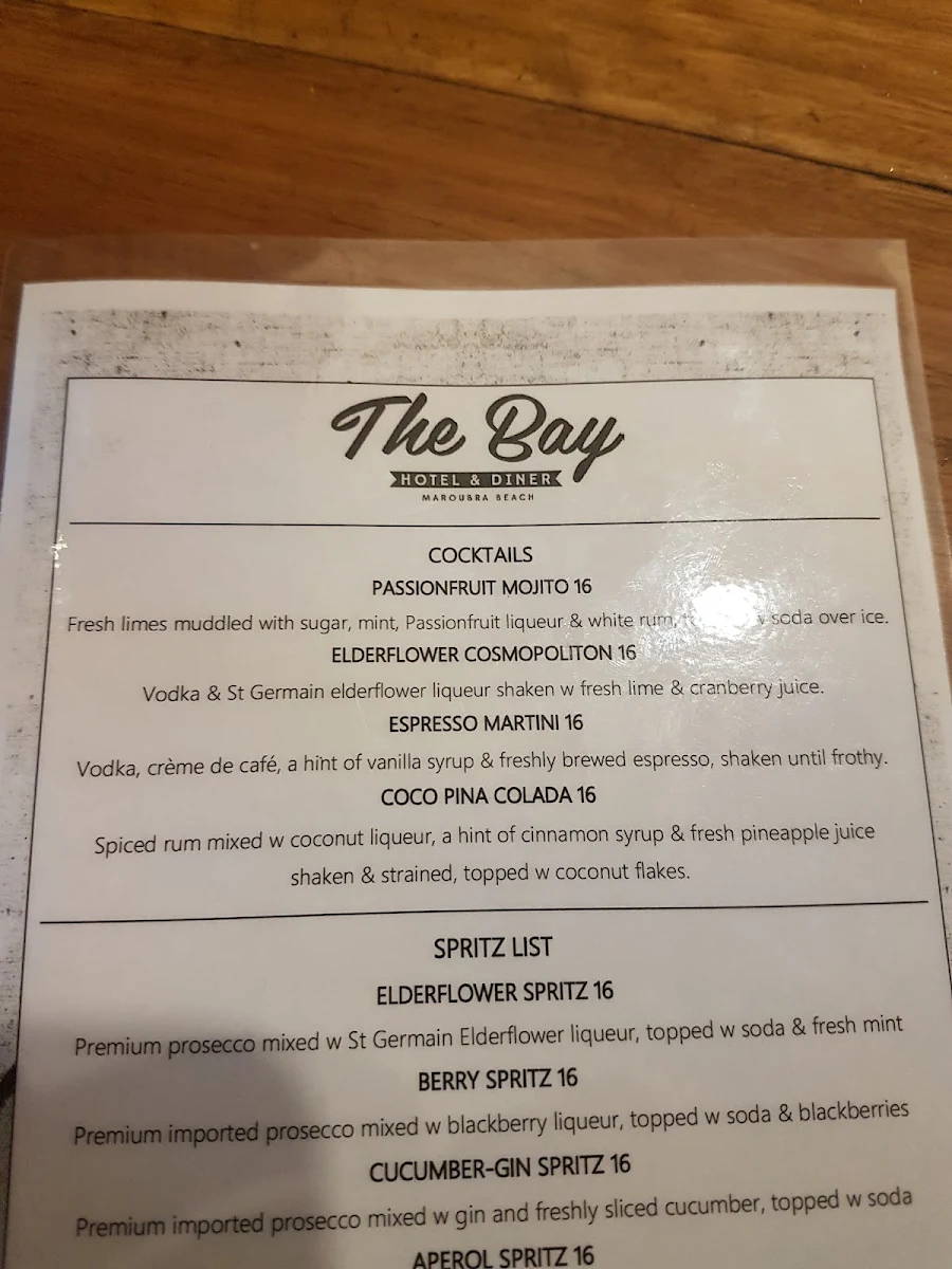 Menu, The Bay Hotel and Diner