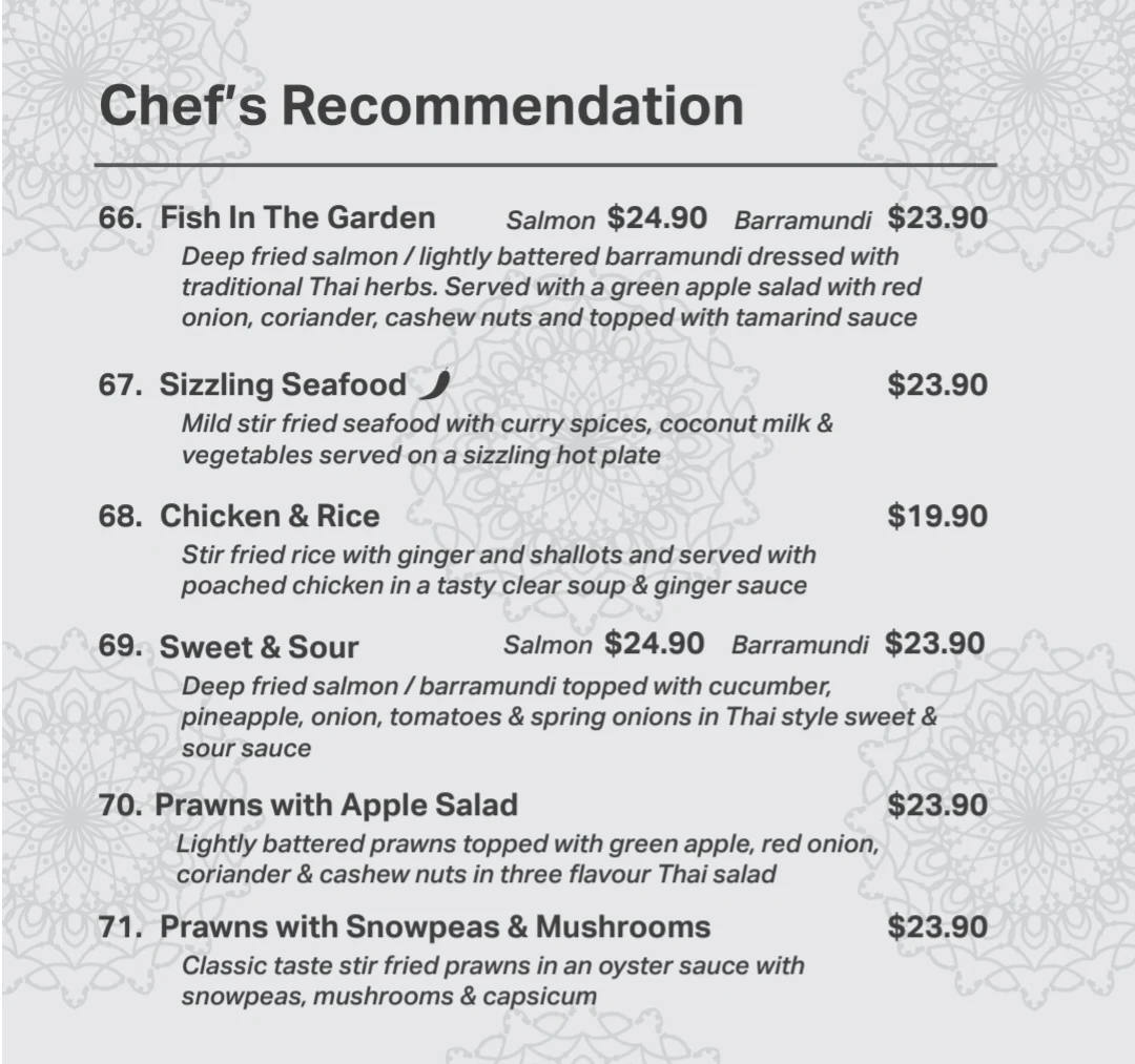Menu, Thai Central in oak flats