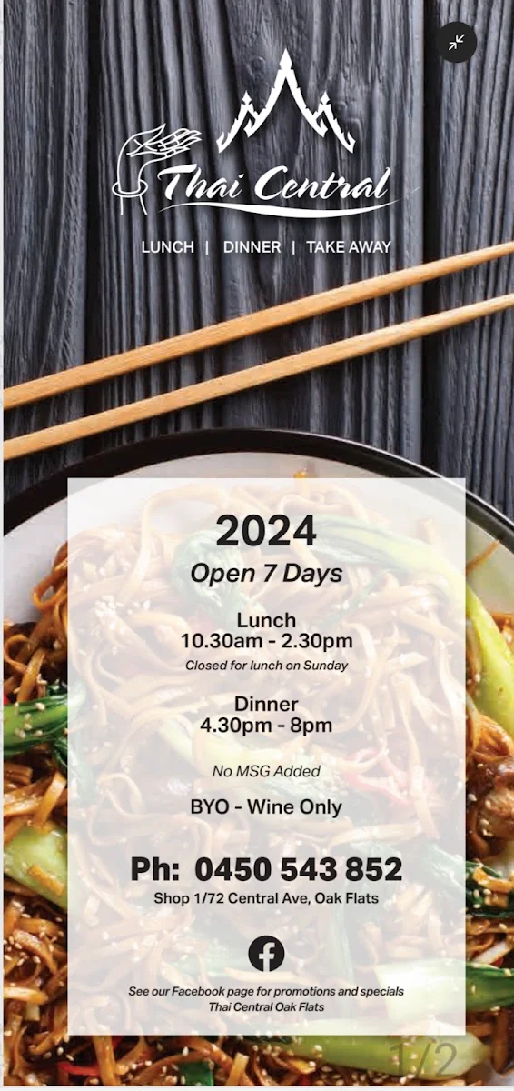 Menu, Thai Central in oak flats