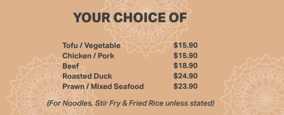 Menu, Thai Central in oak flats