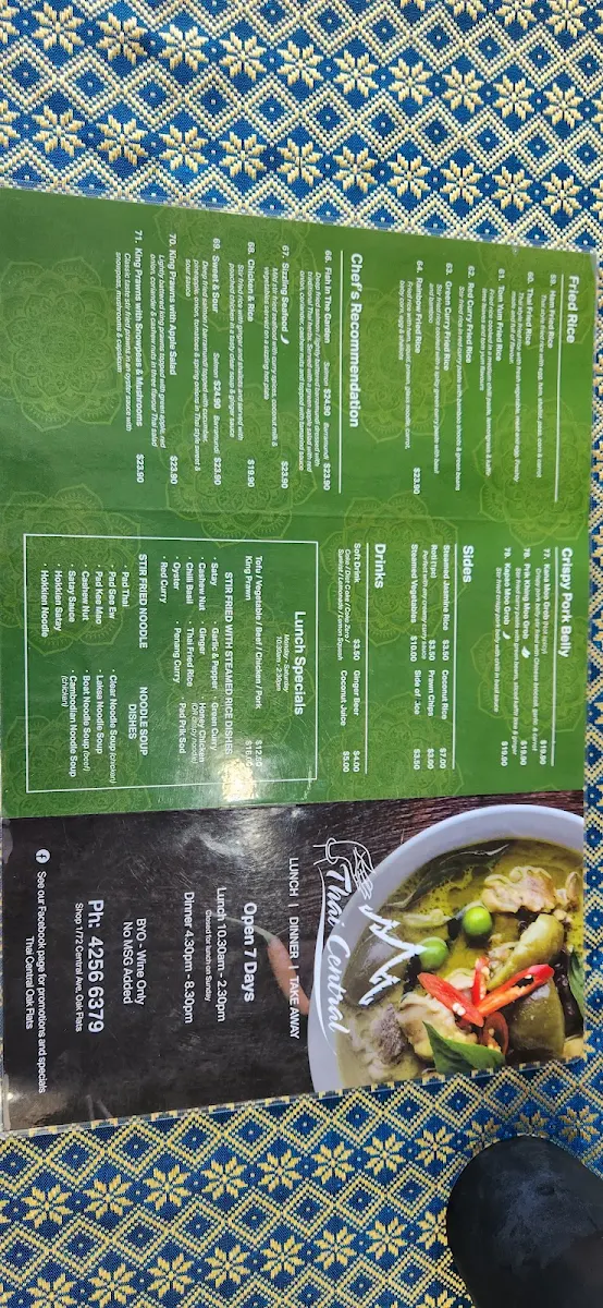 Menu, Thai Central in oak flats