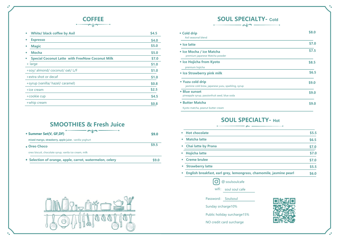 Menu, Soul Soul Cafe