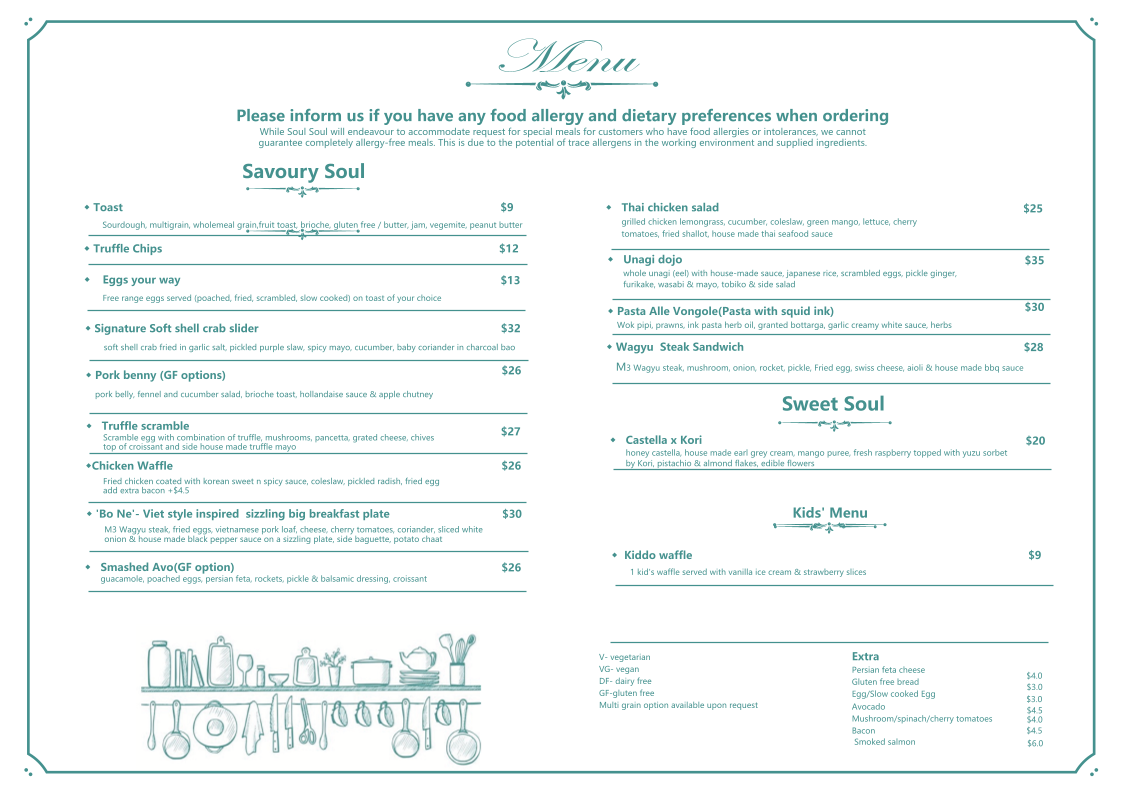 Menu, Soul Soul Cafe
