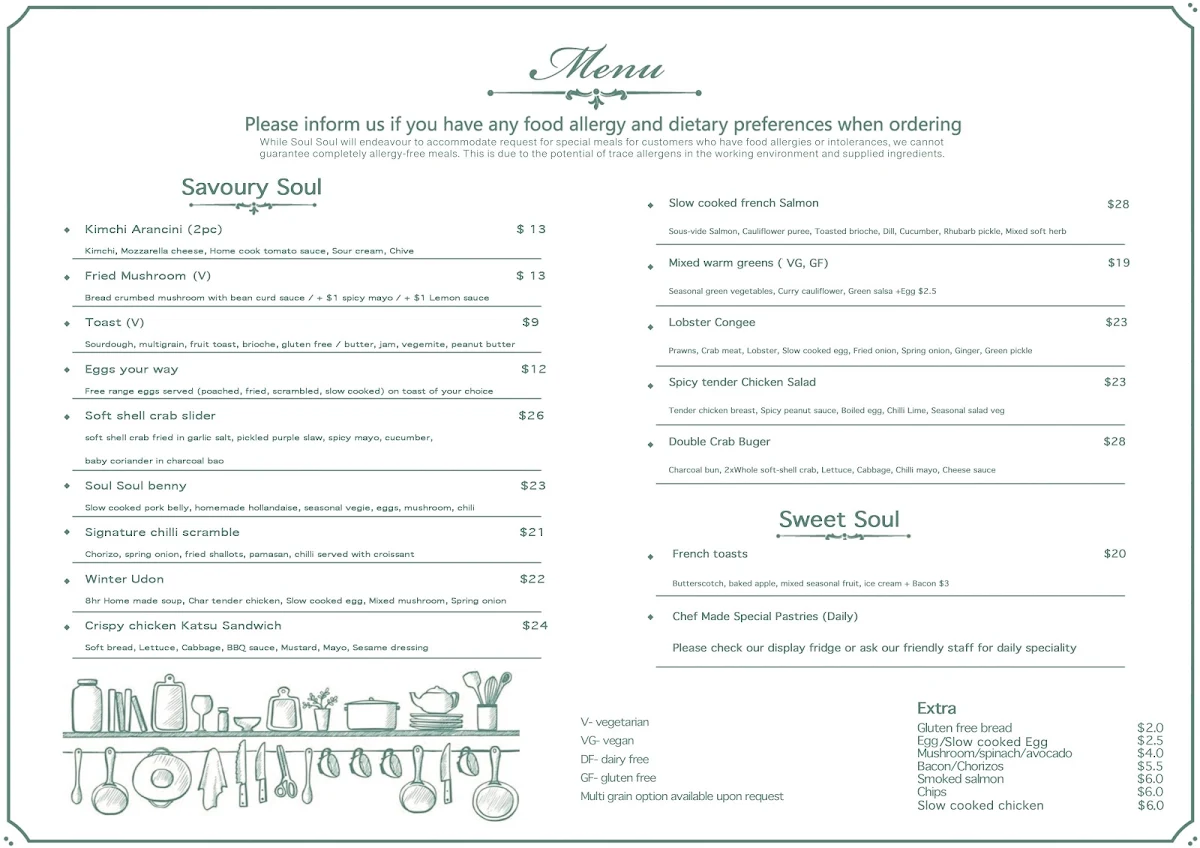 Menu, Soul Soul Cafe