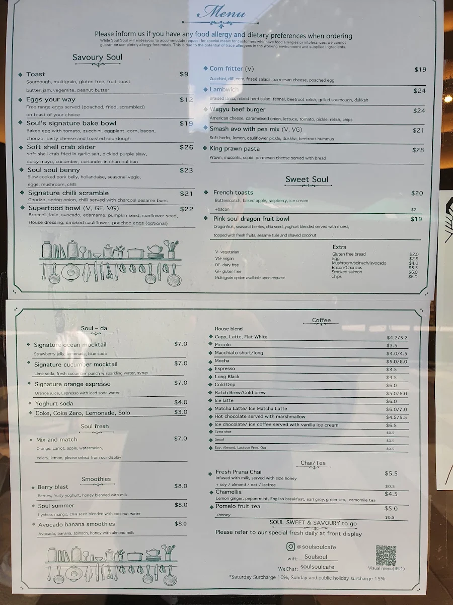 Menu, Soul Soul Cafe