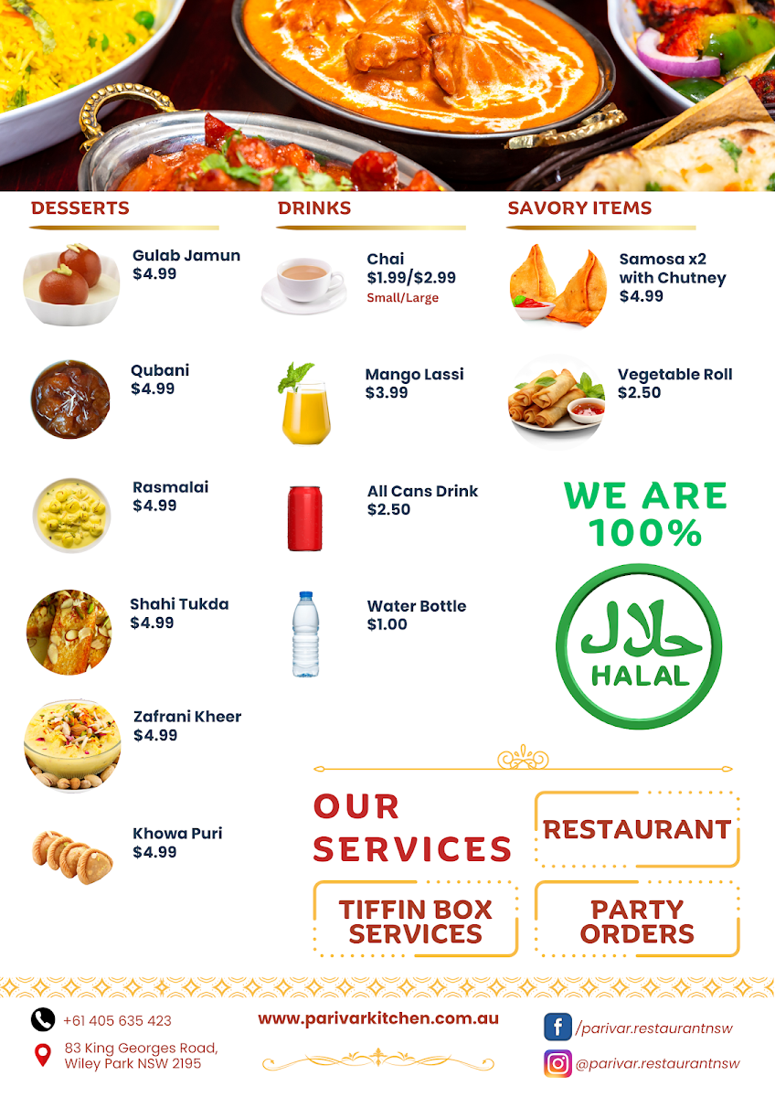 Menu, Parivar Restaurant (HALAL)