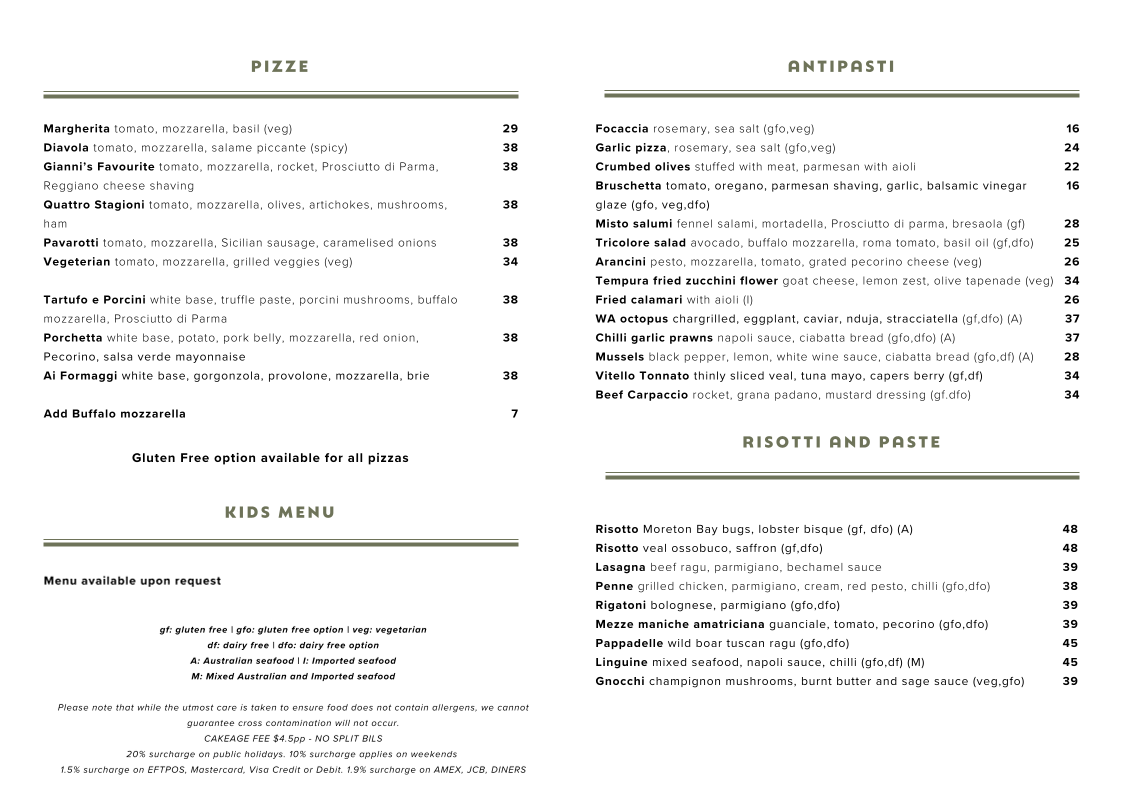 Menu, Gusto da Gianni