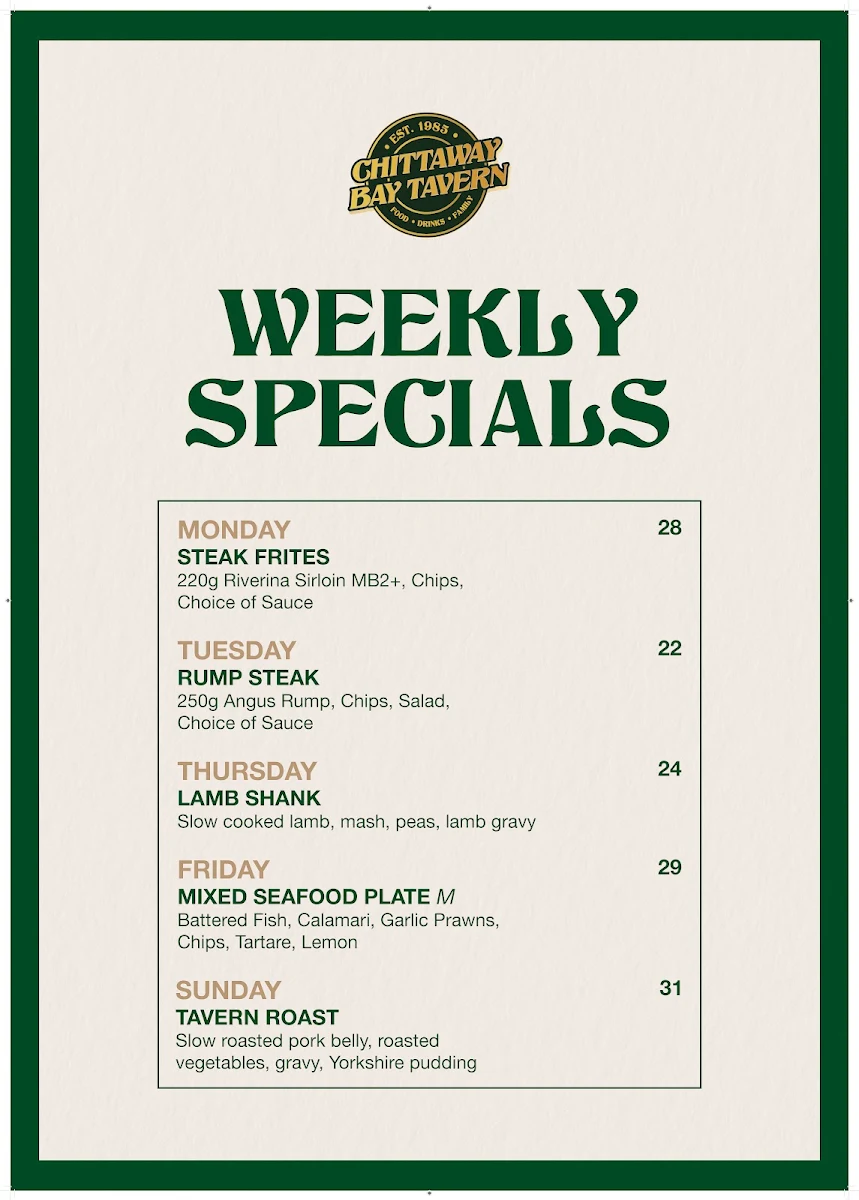 Menu, Chittaway Bay Tavern