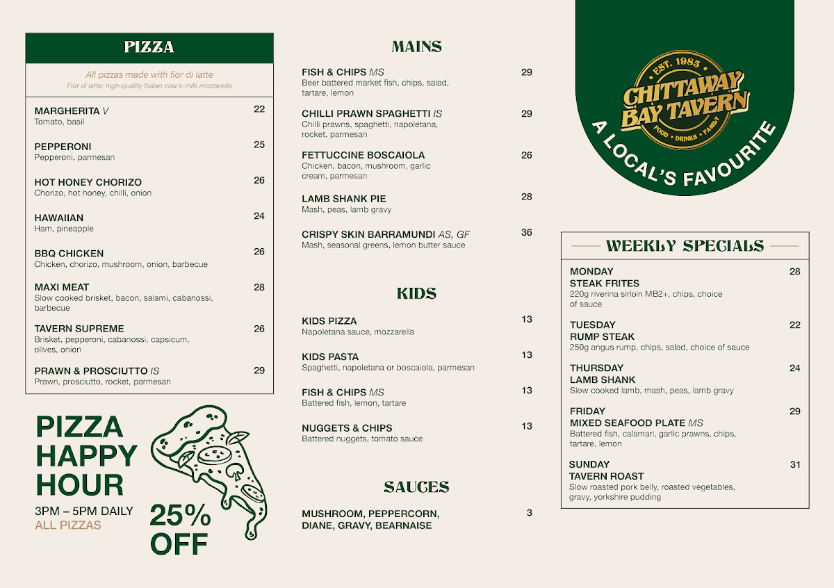 Menu, Chittaway Bay Tavern