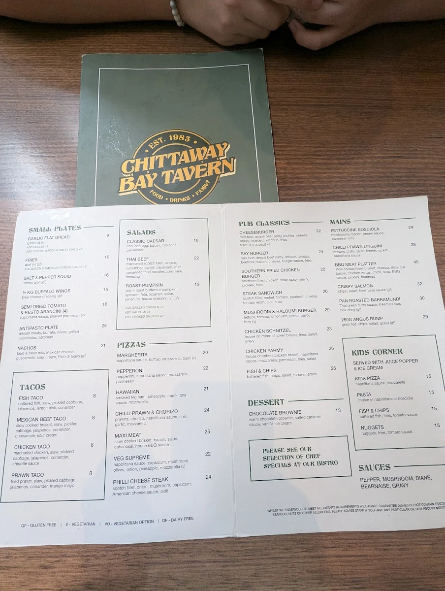 Menu, Chittaway Bay Tavern