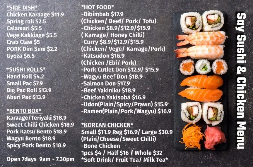 Menu, Say Sushi & Chicken Jimboomba